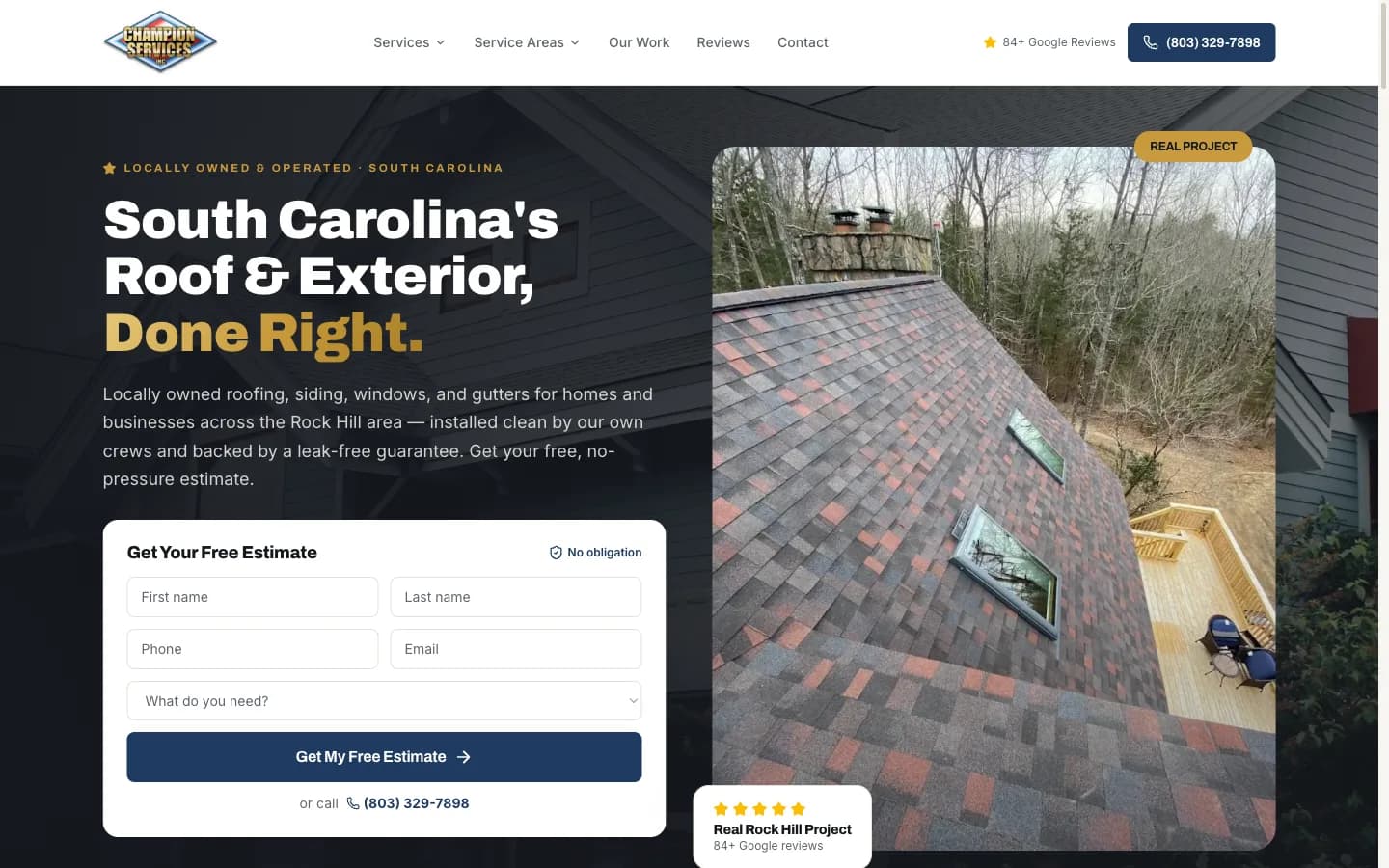 Champion Services homepage with navy branding and roof photography