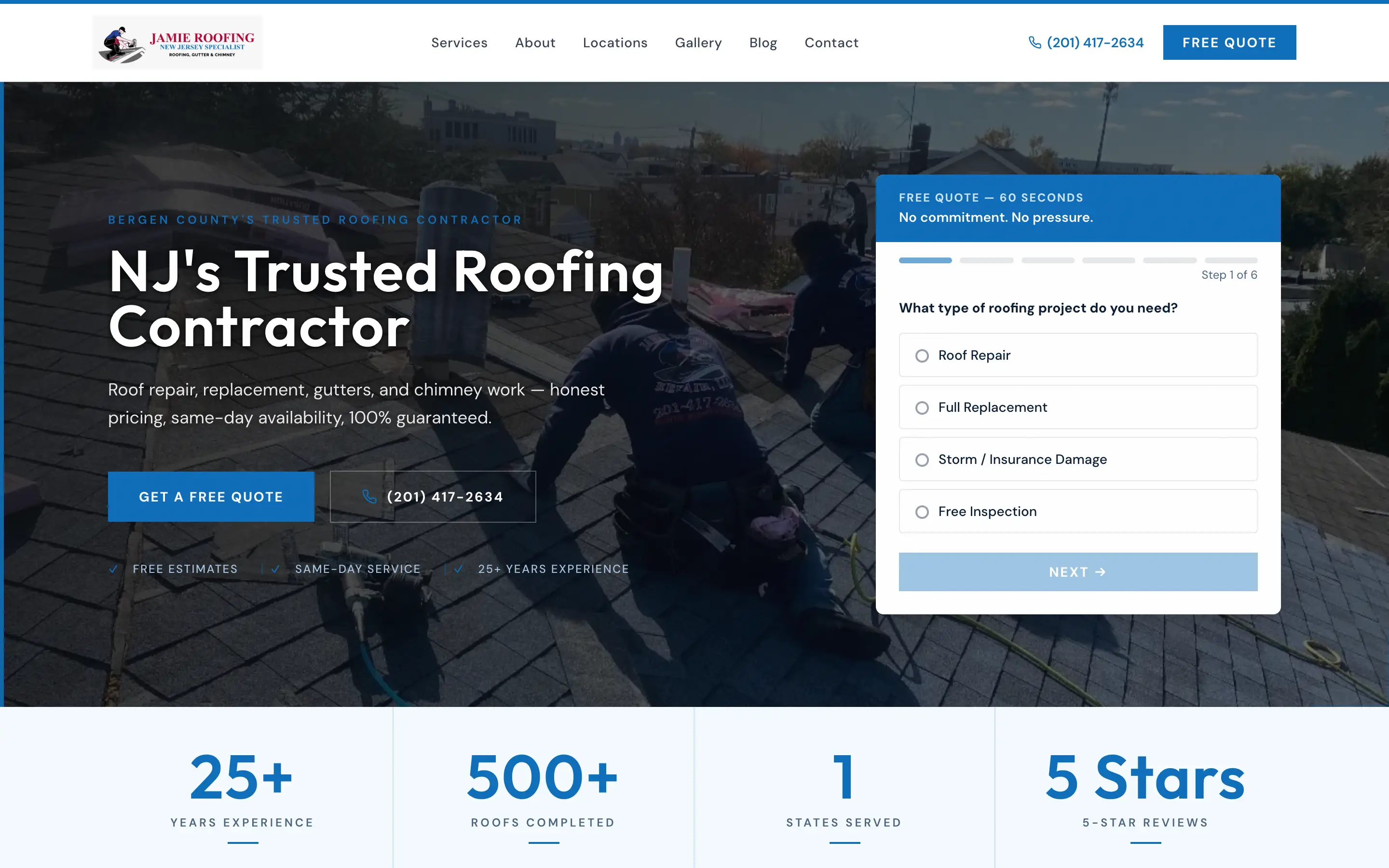 Jamie Roofing website hero