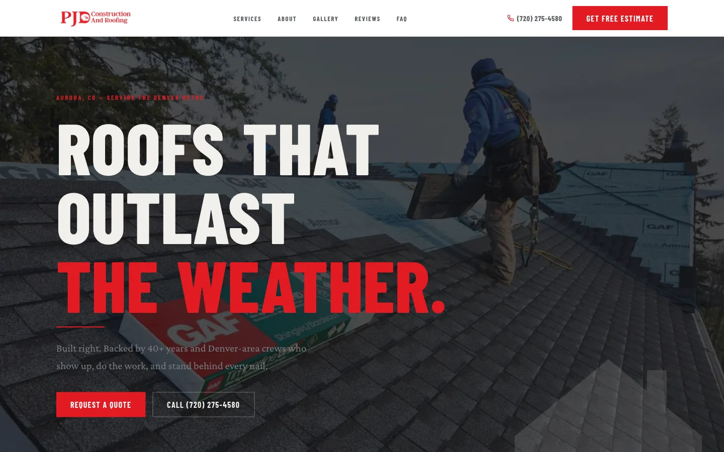 PJD Construction homepage with bold display headline