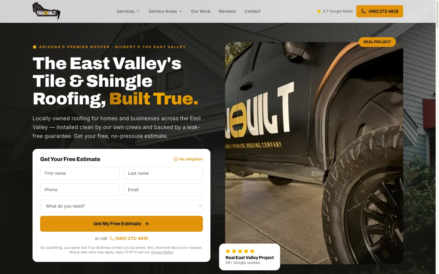 True-Built Roofing homepage with black and gold branding